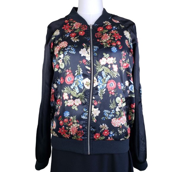 No Boundaries Black Floral Poly Zip Bomber Jacket Size Jr. 11-13 Fits Women M - Picture 2 of 10